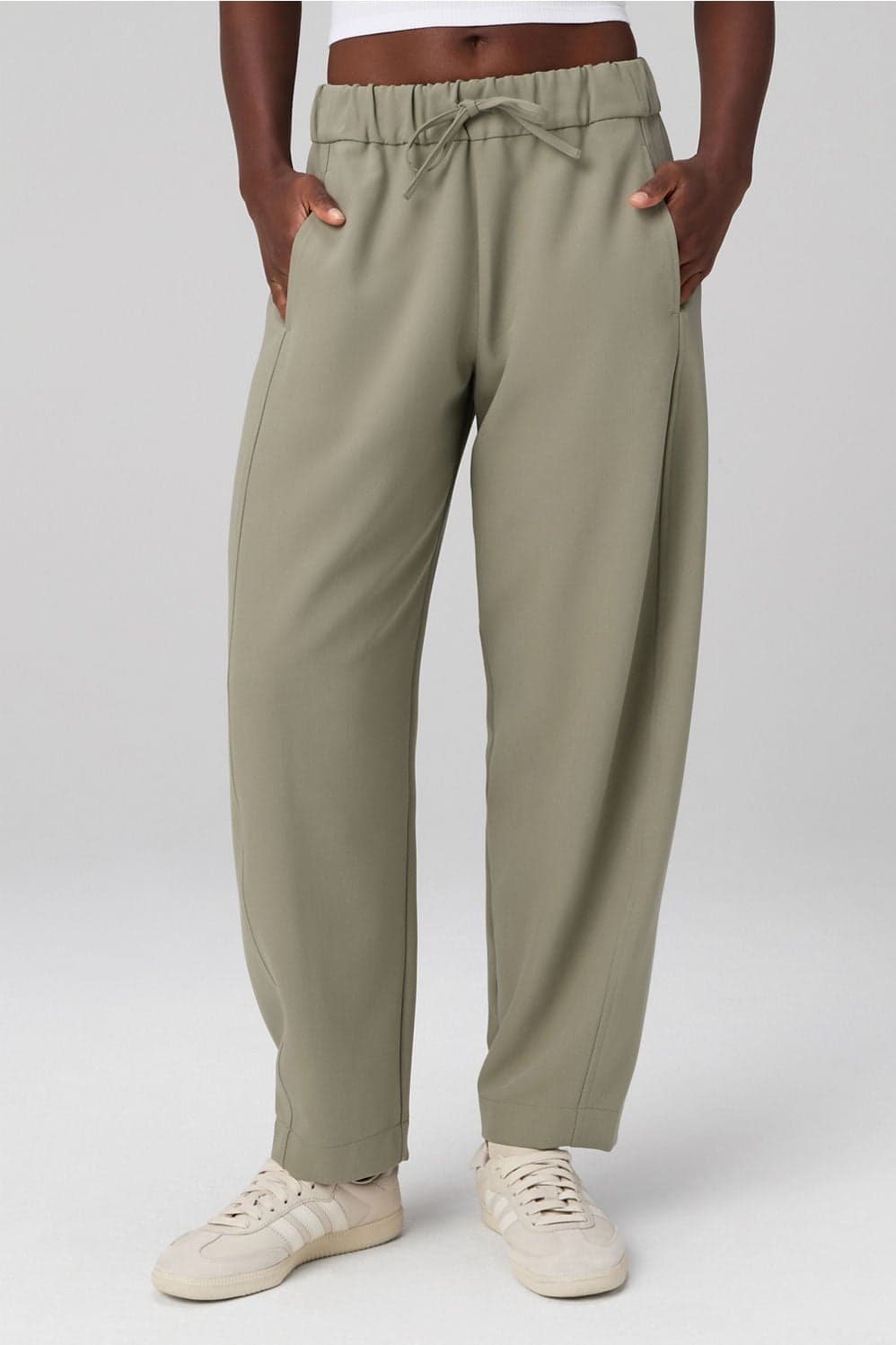 Fabletics Easy Twill Mid Rise Barrel Pull-On Ankle Trousers — Muted olive green trouser