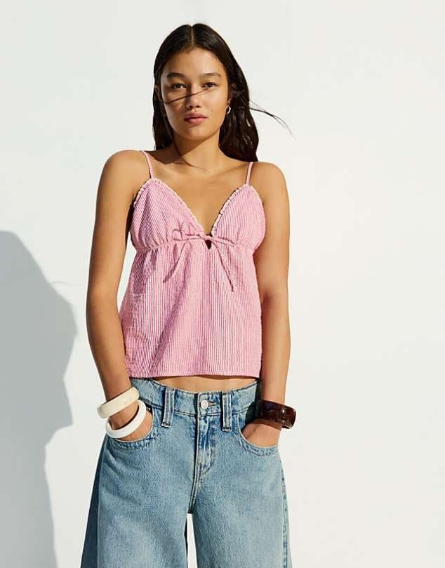 ASOS Bershka Ruffle strap top in red — Light pink top