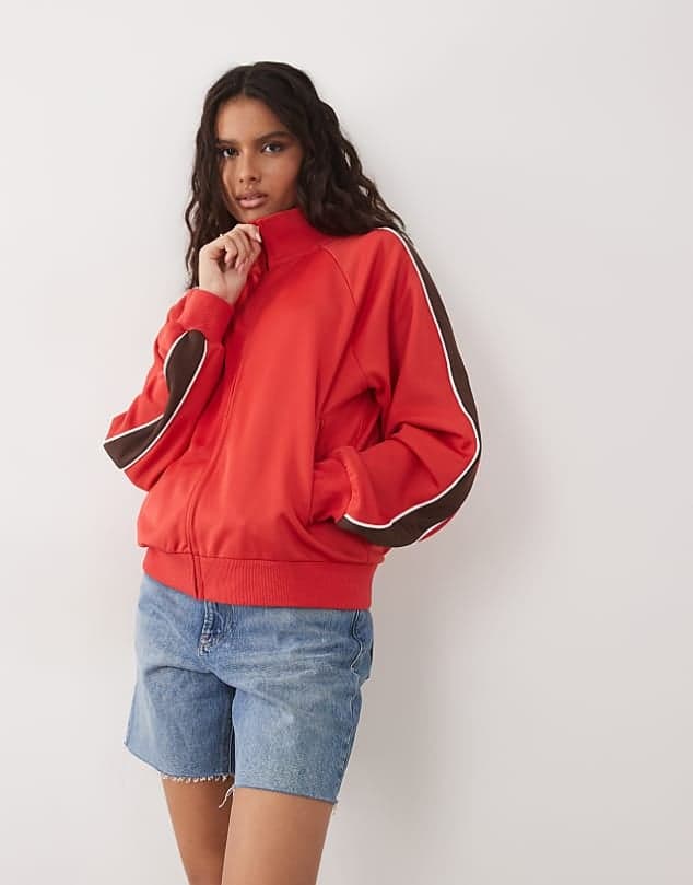ASOS ASOS DESIGN tricot zip through funnel neck jacket co-ord in red — Bright warm red jacket