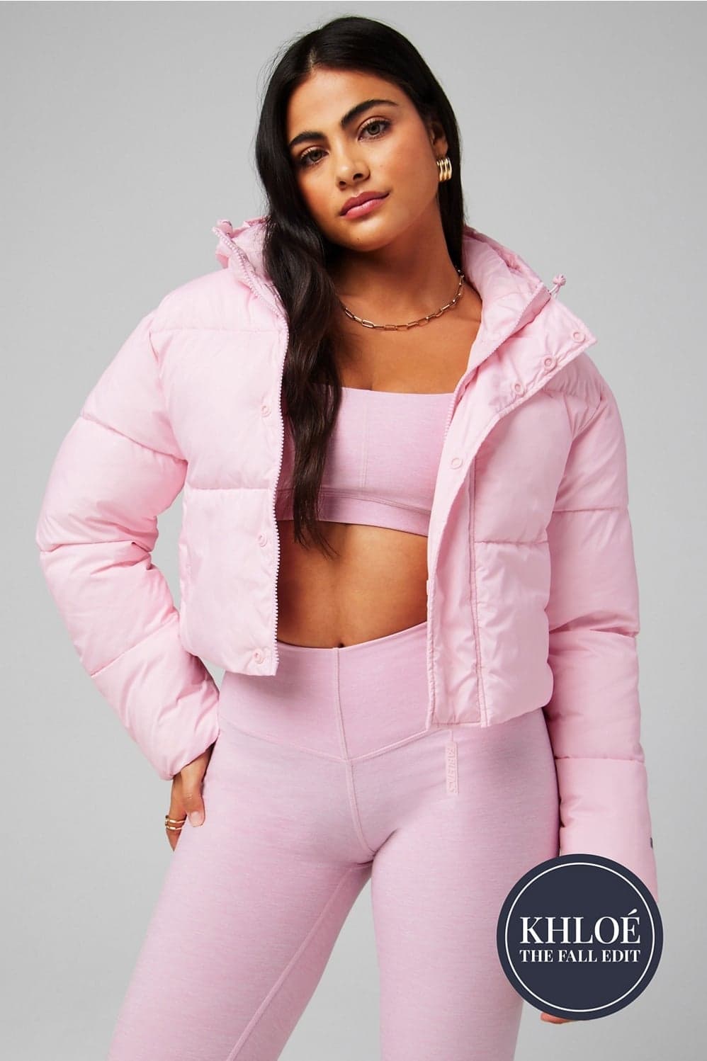Fabletics Essential Cropped Hooded Winter Puffer Jacket — Light cool pink jacket — image 1 of 5