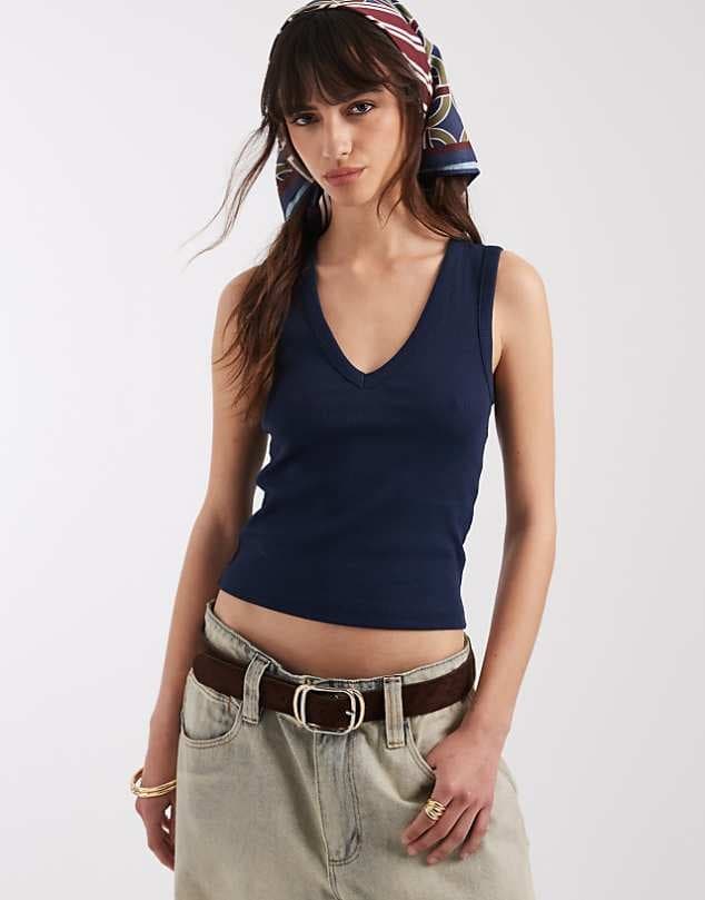 ASOS ASOS DESIGN ribbed v neck vest in navy — Deep navy blue top