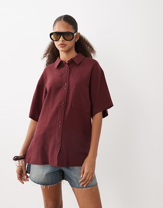 ASOS ASOS DESIGN relaxed shirt in linen look in burgundy — Deep burgundy red top