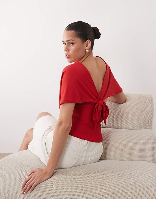 ASOS ASOS DESIGN polyamide plunge sleeveless tie back cinch top in red — Vivid red top