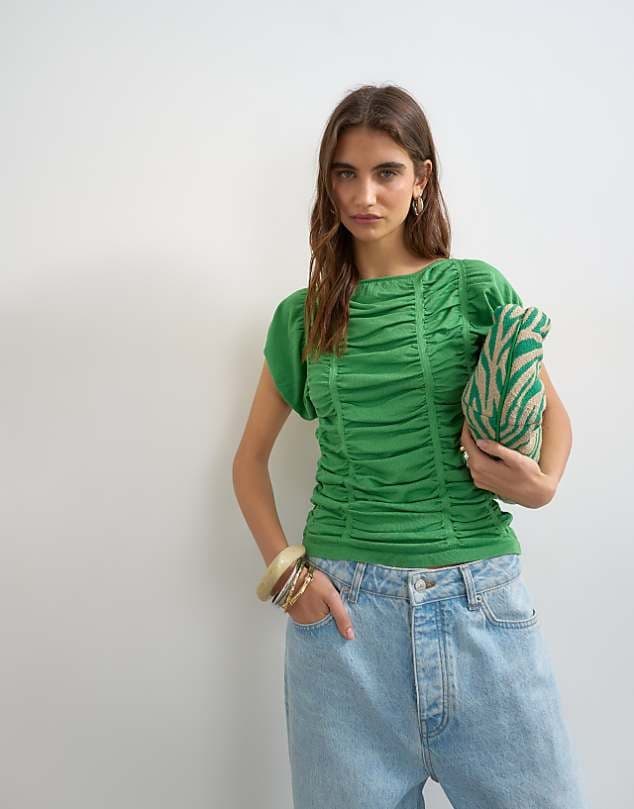 ASOS Topshop knitted gathered detail cap sleeve top in green — Vivid grass green knitwear