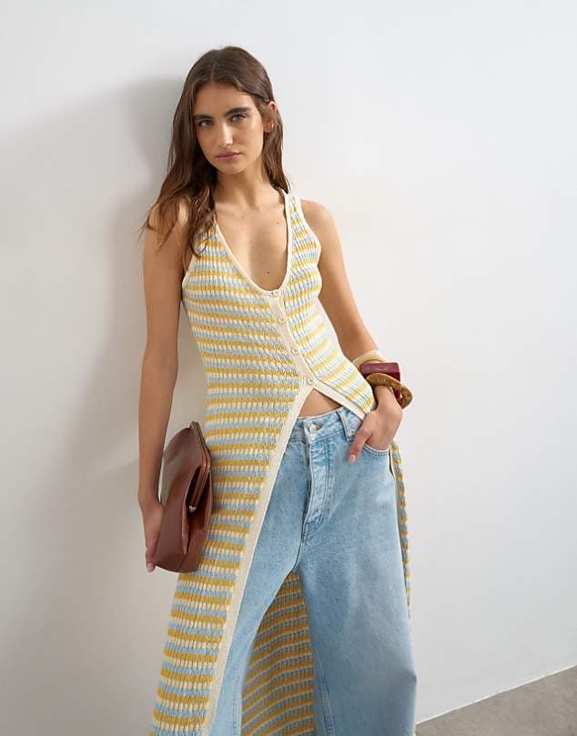 ASOS Topshop knitted pleated long line cardi in multi — Warm yellow knitwear