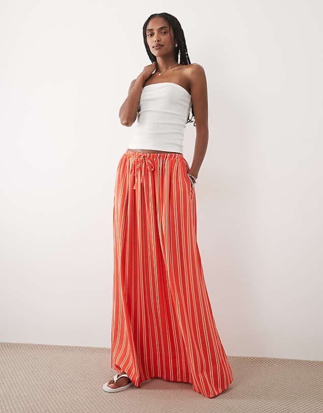 ASOS ASOS DESIGN linen blend maxi circle skirt in red stripe — Bright orange-red skirt