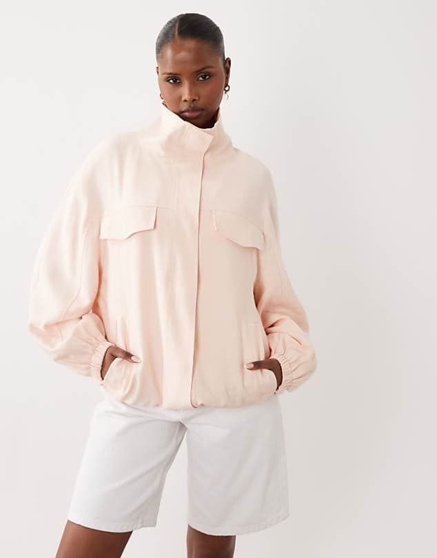 ASOS Gina Tricot high neck cargo jacket in peach — Pale peach pink jacket