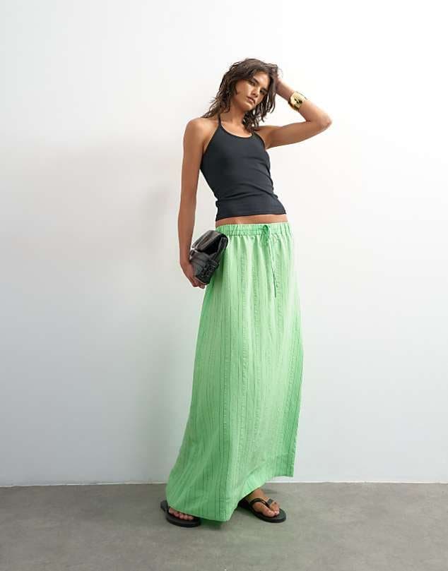 ASOS Topshop low slung full circle maxi skirt in green stripe — Light mint green skirt