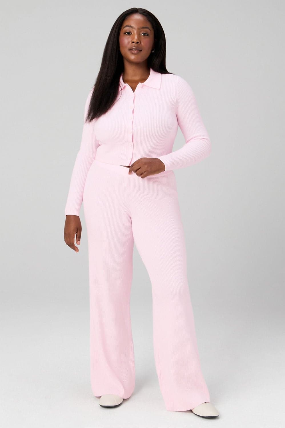 Fabletics Loftknit Rib Collared Cardigan — Pale cool pink knitwear — image 1 of 3