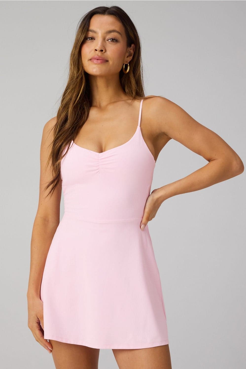 Fabletics PureLuxe Ruched Classic Mini Dress — Light cool pink dress