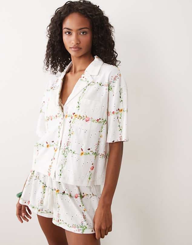ASOS ASOS DESIGN jersey broderie resort shirt in floral print — Soft white top