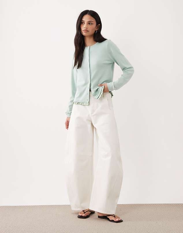 ASOS ASOS DESIGN satin frill hem cardigan in sage — Light muted teal knitwear