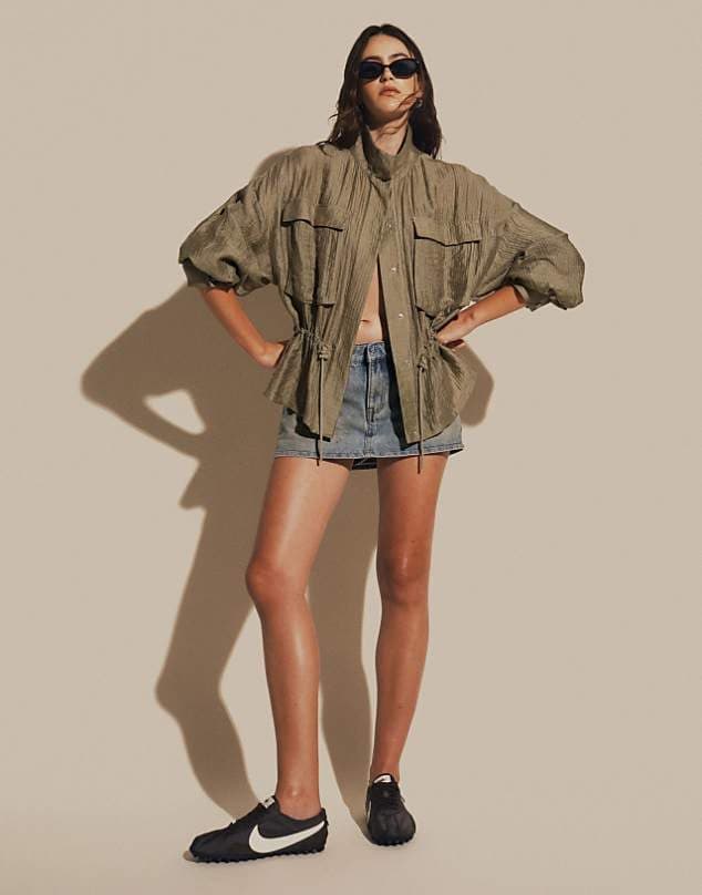 ASOS ASOS DESIGN funnel neck textured drawstring waist shacket in green — Muted olive green top