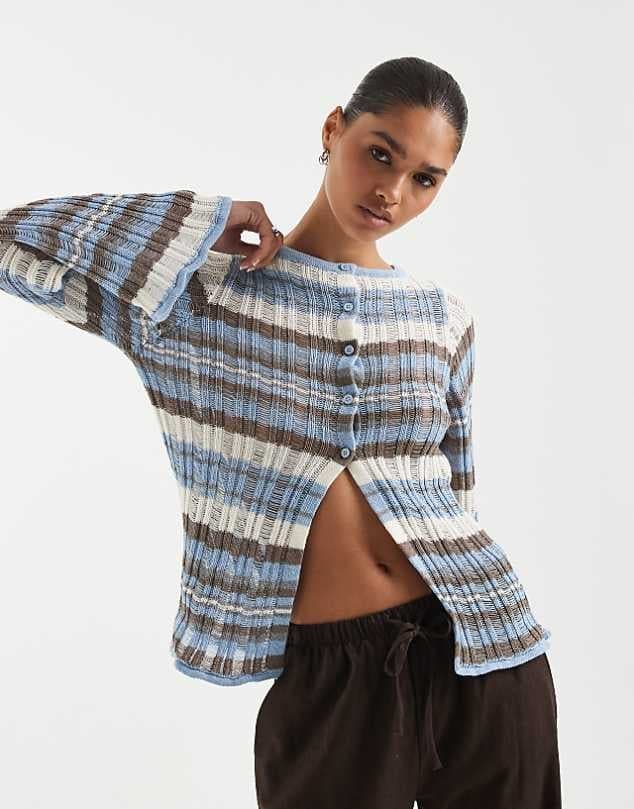 ASOS ASOS DESIGN knitted ladder stitch cardigan in blue stripe — Muted blue knitwear
