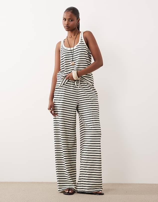 ASOS ASOS DESIGN textured knit wide leg trouser co-ord in mono stripe — Soft white trouser