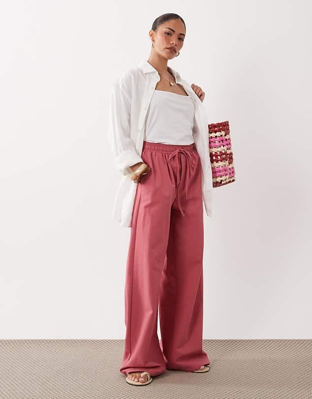 ASOS Miss Selfridge Petite linen blend wide leg trouser in raspberry — Muted raspberry pink trouser