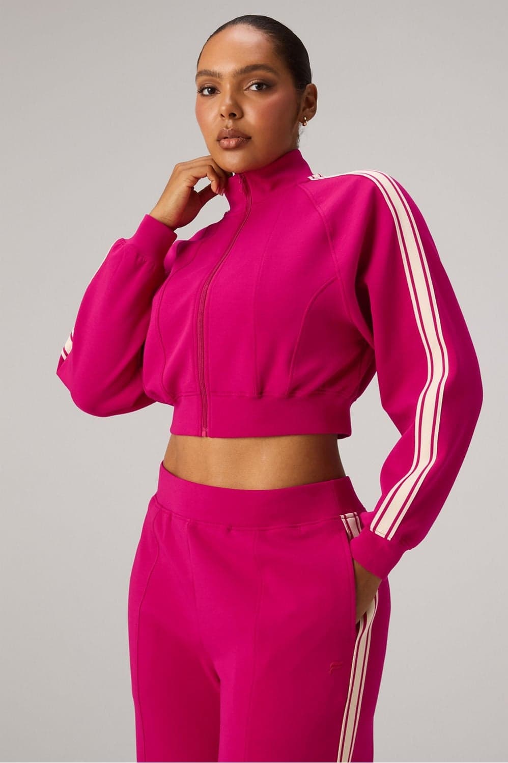 Fabletics Elevated Track Jacket Lush Berry/Almond Milk — Vivid fuchsia pink jacket — image 1 of 3