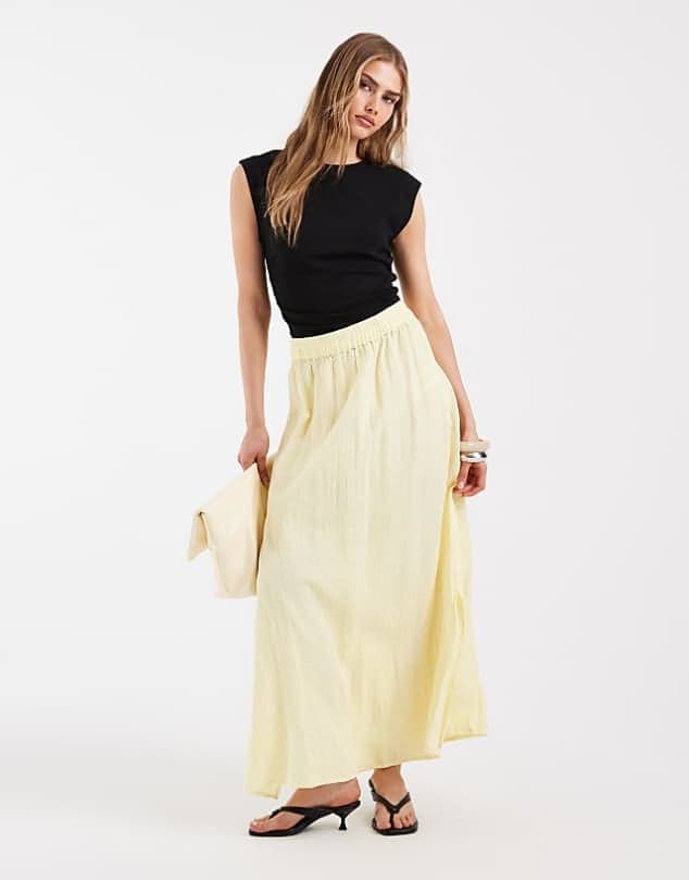 ASOS Pieces cotton maxi skirt in pastel yellow — Pastel yellow skirt