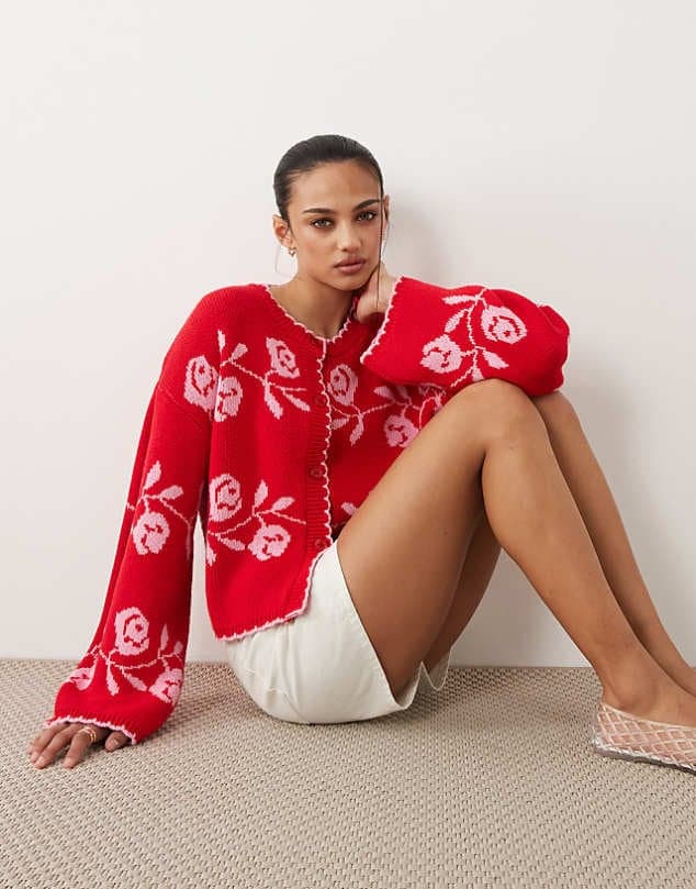 ASOS Miss Selfridge knitted blanket stitch cardigan with florals in red — Bright red knitwear
