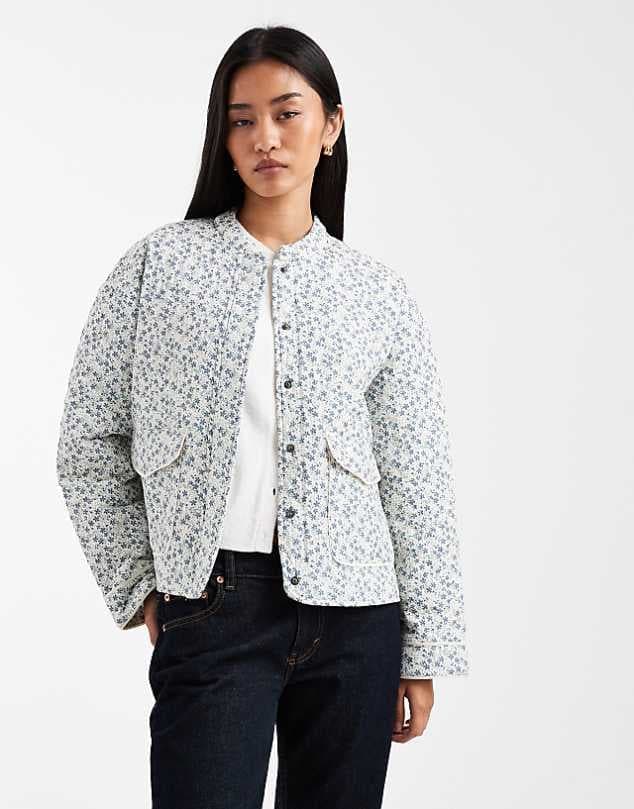 ASOS ONLY quilted jacket in blue floral print — Soft white jacket