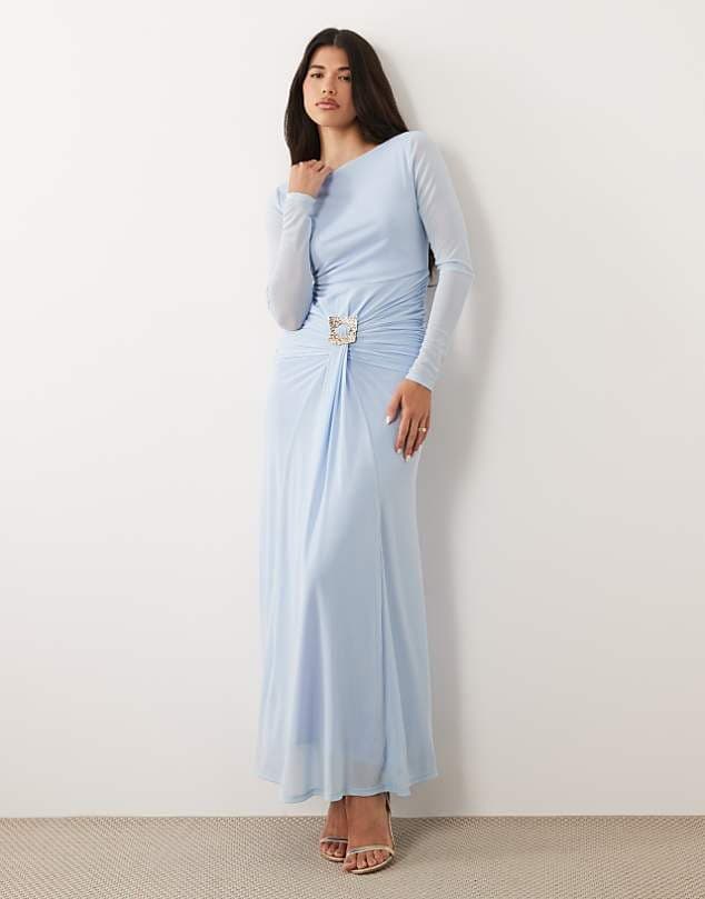 ASOS Daska slash neck tie front trim detail maxi dress in sky blue — Light powder blue dress