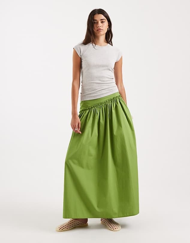 ASOS ASOS DESIGN asymmetric dropped waist maxi skirt in green — Yellow green skirt