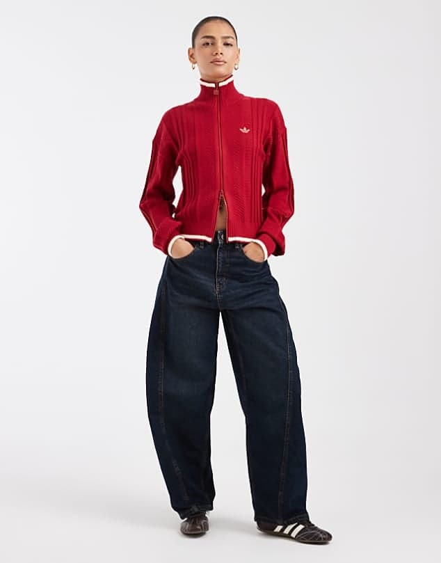 ASOS adidas Originals firebird pointelle knit track top in red — Deep crimson red jacket