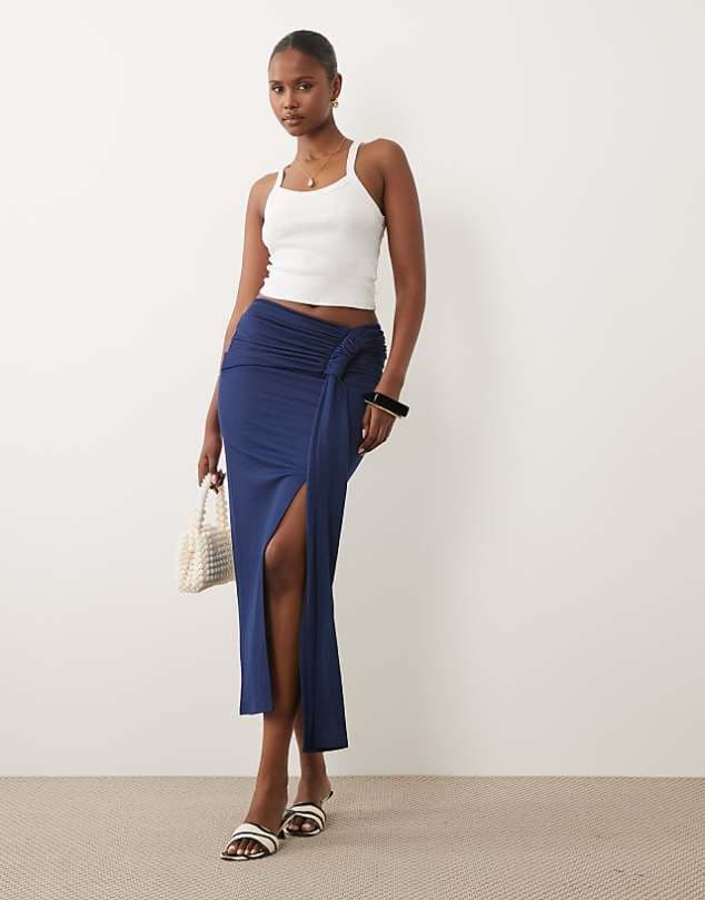 ASOS ASOS DESIGN gathered sarong style maxi skirt in navy — Deep navy blue skirt