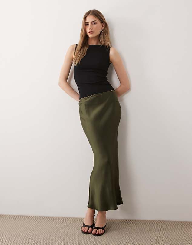 ASOS New Look satin bias midi skirt in khaki — Deep olive green skirt