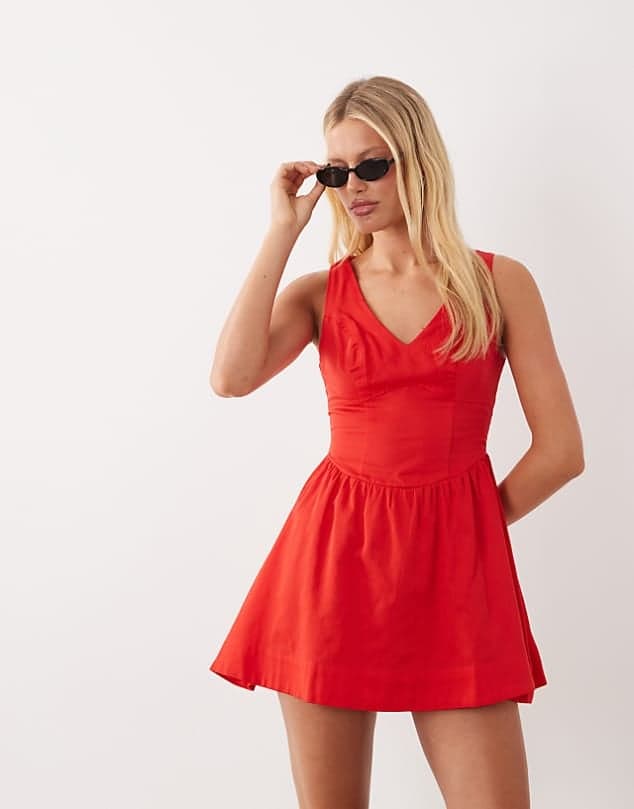 ASOS ASOS DESIGN waisted v neck mini sundress with seaming details in vibrant red — Vibrant red dress