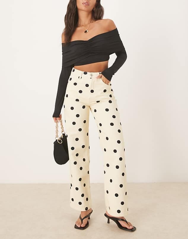 ASOS ASOS DESIGN dad jean in polka dot print in butter yellow — Butter yellow beige trouser