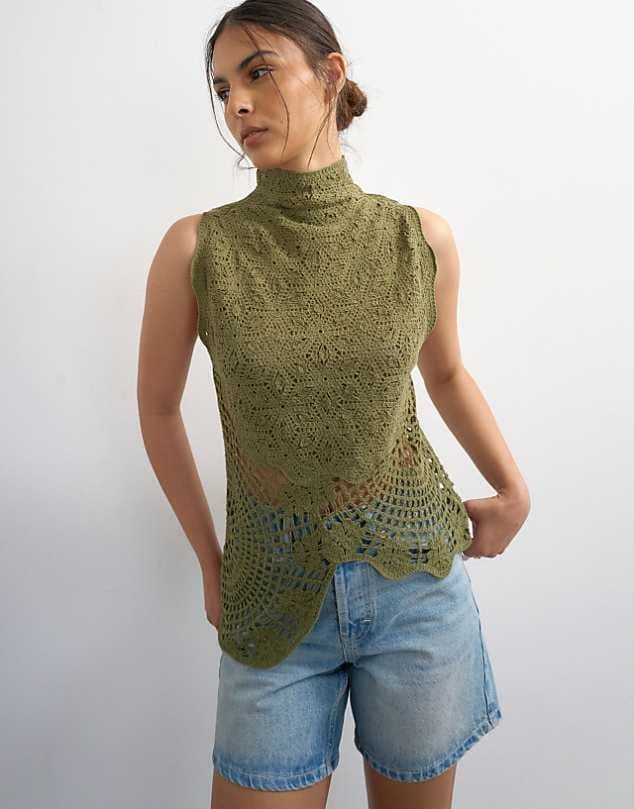 ASOS Topshop knitted crochet shape top in khaki green — Muted olive green knitwear