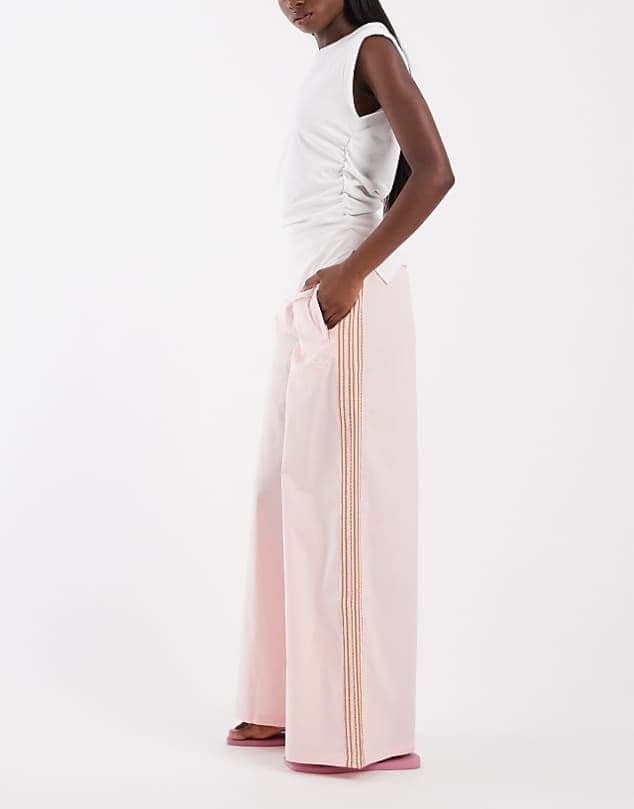 ASOS adidas Originals crochet 3 stripe track pants in light pink — Light pink trouser