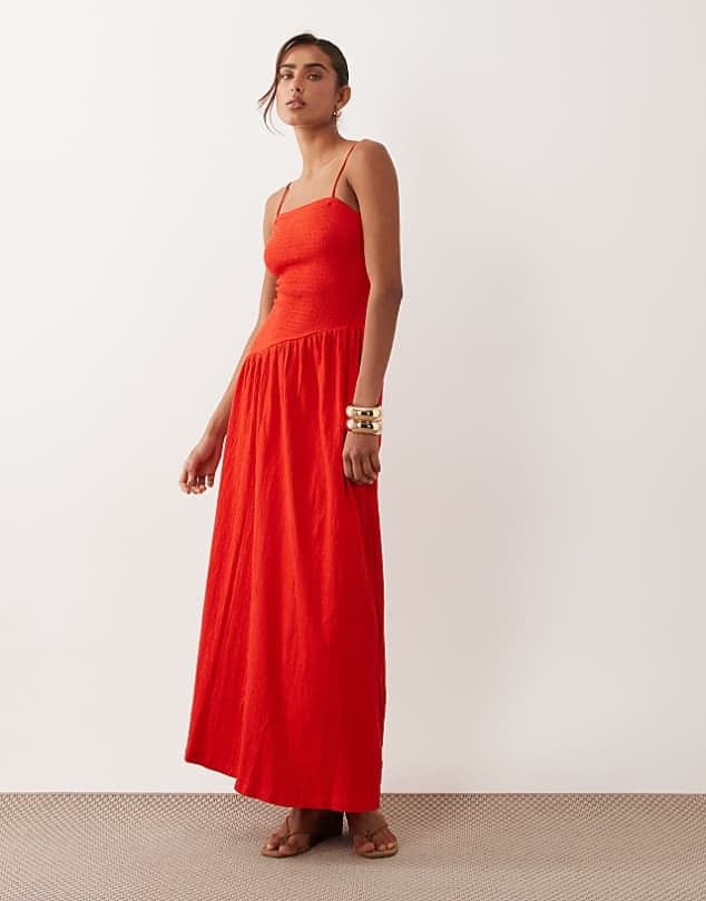 ASOS ASOS DESIGN crinkle cami tie back midi dress with asym waist in red — Bright warm red dress