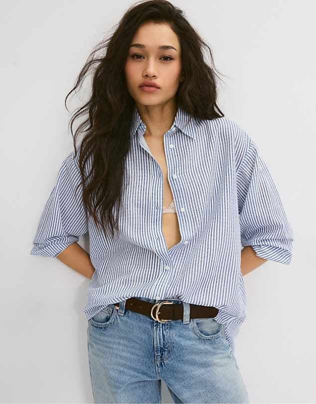 ASOS Stradivarius Linen-effect shirt in dark blue — Muted blue top