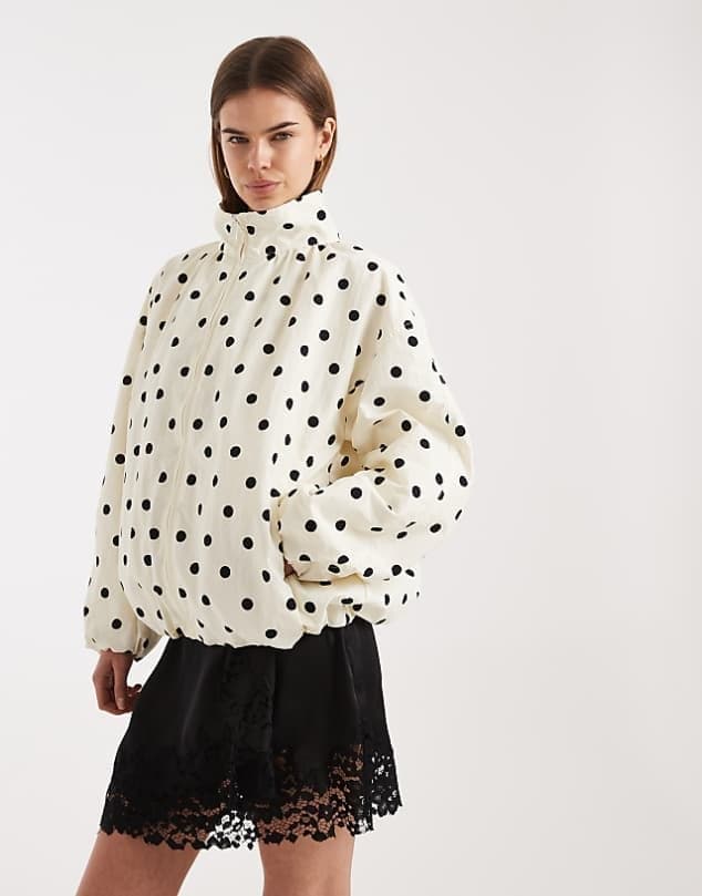 ASOS ASOS DESIGN oversized bubble hem track jacket in polka dot — Warm ivory white jacket
