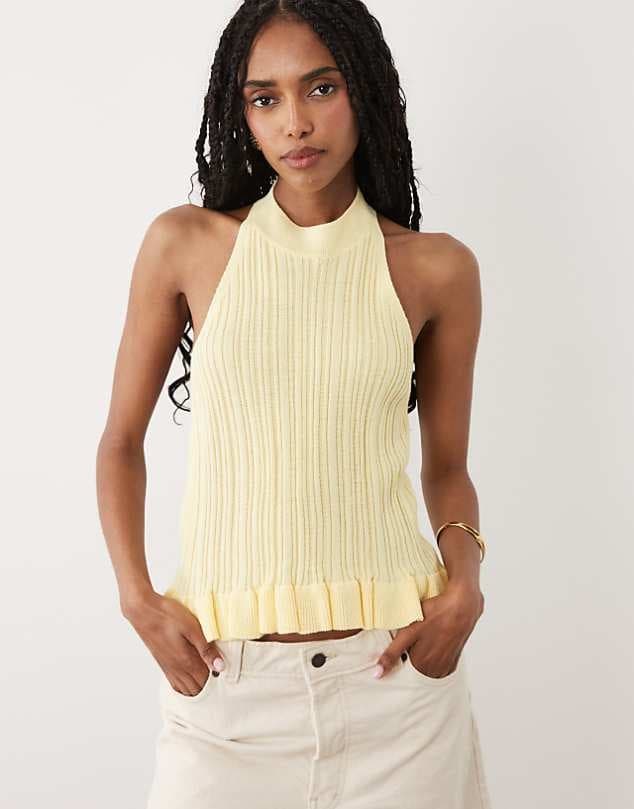 ASOS Miss Selfridge knitted halterneck top with peplum hem in butter yellow — Butter yellow knitwear