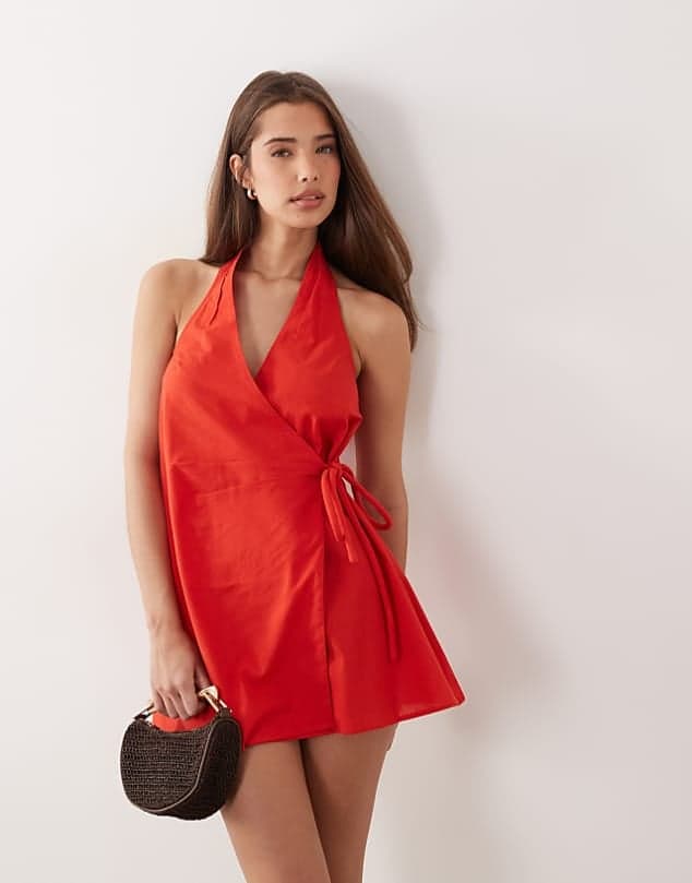 ASOS ASOS DESIGN cotton linen halter neck wrap mini sundress in red — Bright red dress