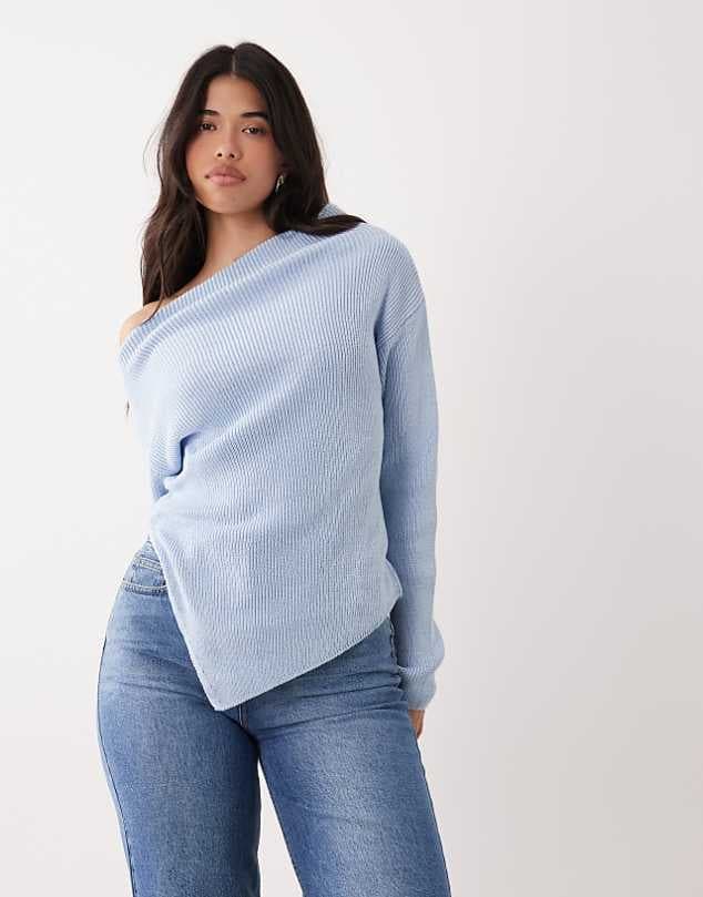 ASOS ASOS DESIGN knitted off the shoulder top in light blue — Soft powder blue knitwear