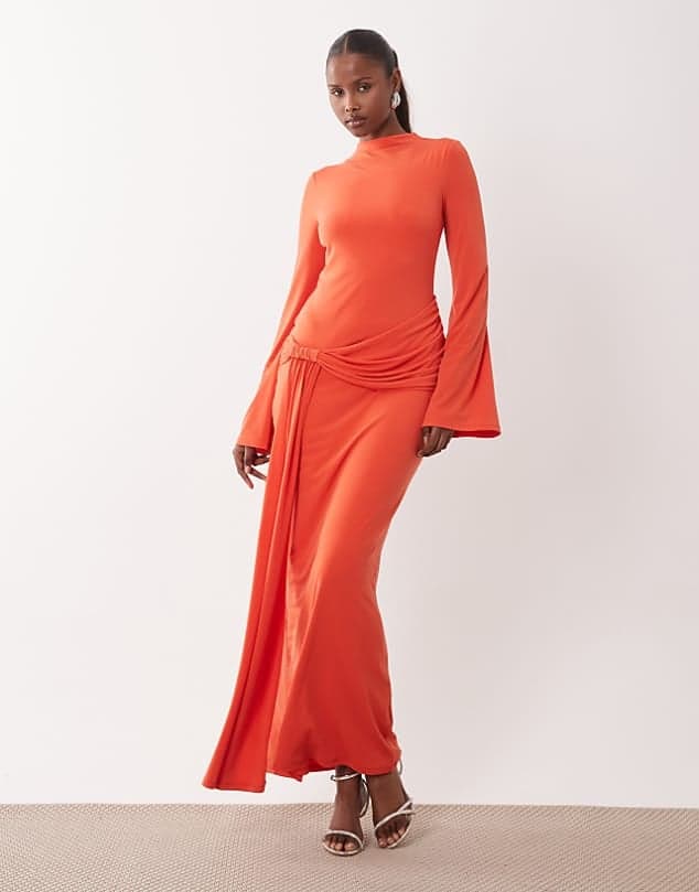 ASOS Daska slinky long sleeve high neck twist drape detail maxi dress in orange — Vivid orange dress