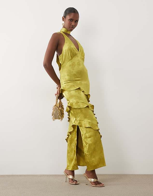 ASOS YAS halter neck jacquard ruffle maxi dress in moss green — Warm moss green dress