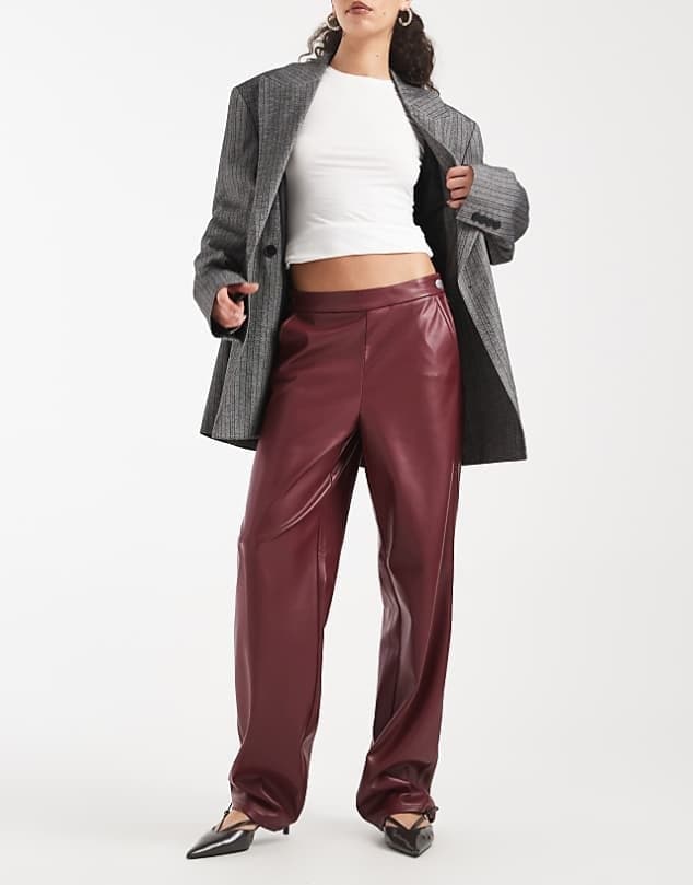 ASOS ONLY high waist faux leather straight trousers in burgundy — Deep burgundy red trouser