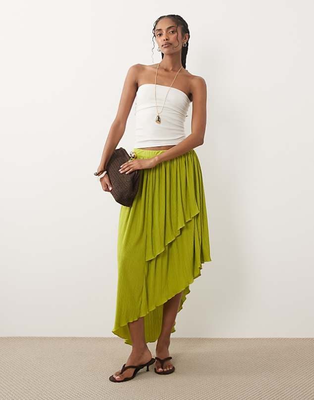 ASOS ASOS DESIGN textured plisse asymmetric midi skirt in green — Bright yellow green skirt