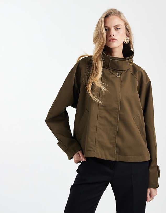 ASOS ASOS DESIGN cropped cape detail trench coat in khaki — Deep olive green jacket