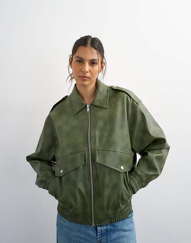 ASOS Topshop faux leather cropped bomber jacket with patch pocket in washed green — Washed olive green jacket
