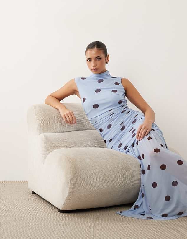 ASOS ASOS DESIGN printed polka dot ruched drop waist circle dress with grown in neck in blue — Powder blue dress
