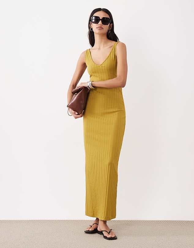 ASOS ASOS DESIGN wide rib sleeveless V neck midi dress in mustard — Mustard yellow dress