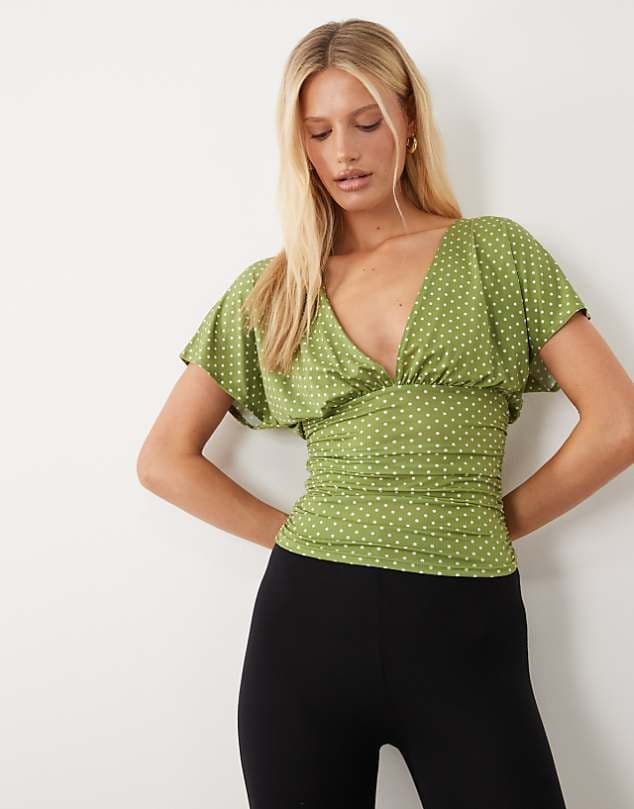 ASOS Miss Selfridge v-neck top in polka dot print — Muted olive green top