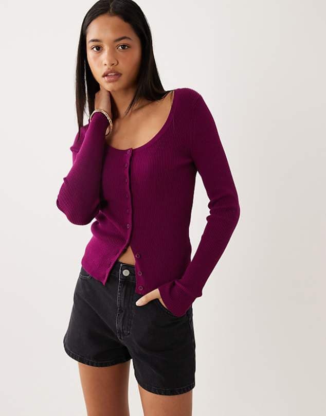 ASOS ASOS DESIGN cotton blend wide scoop cardigan in plum — Deep berry purple knitwear