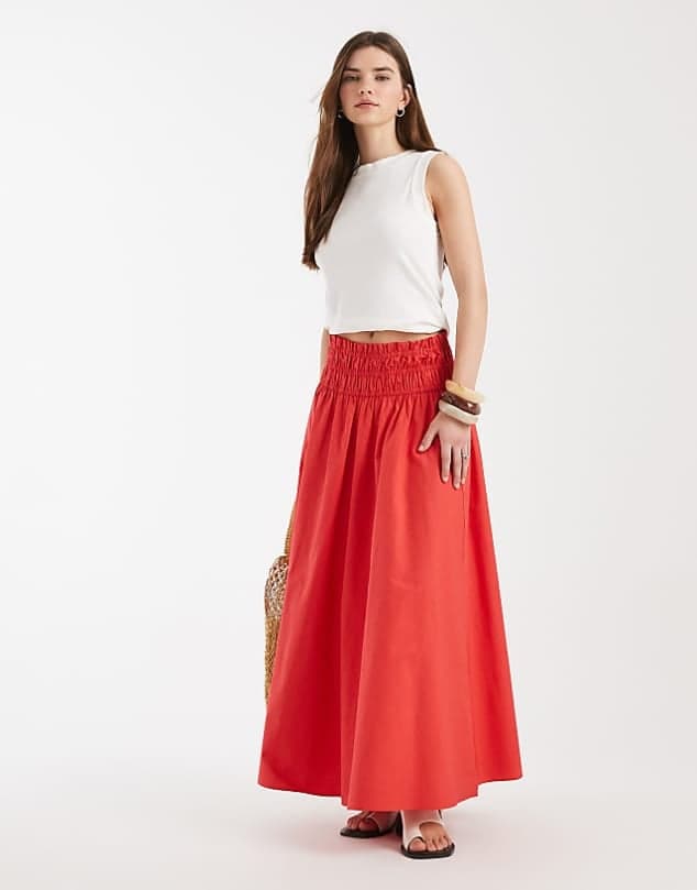 ASOS ASOS DESIGN shirred waist detail maxi skirt in red — Bright warm red skirt